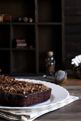 Chocolate pound cake with chocolate icing and chocolate chips