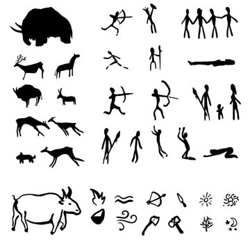 Vector Set of Black Cave Drawings Illustrations on White Background.