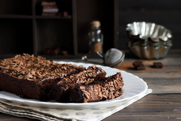 Chocolate pound cake with chocolate icing and chocolate chips