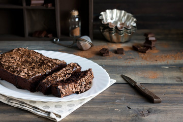 Chocolate pound cake with chocolate icing and chocolate chips
