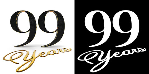 Golden number ninety nine (number 99) and the inscription years with drop shadow and alpha channel. 3D illustration