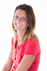Smiling charming young woman portrait on a white background