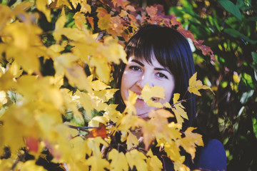 Naklejka na ściany i meble Autumn Portrait of beautiful woman in dress, outdoors