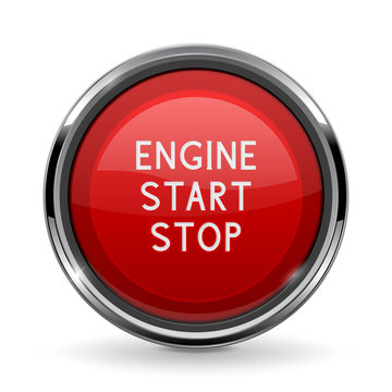 Engine start stop button with chrome frame. Red car dashboard element