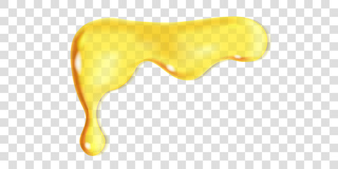 Melted honey or oil transparent drop. Vector design of isolated leaking syrup dripping. Realistic illustration of yellow liquid flowing down