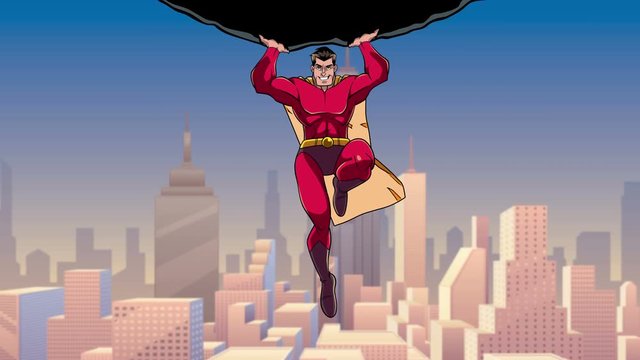 Looping animation of powerful and brave superhero holding huge boulder above his head while flying over the city.