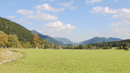 landmark with hills and meadows in Puchberg, Austria in fall © M.Jenkins