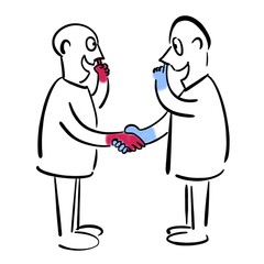 Men shake hands and pick their noses