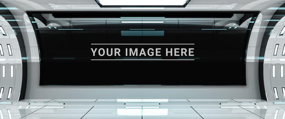 Obraz premium White spaceship interior with large window view 3D rendering