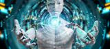 White male humanoid using digital global network 3D rendering