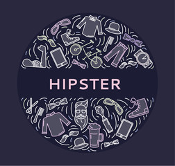 Hipster accessories set in line art style with trendy clothing, gadgets, bicycle, icons collection, template for banner, flyer, print, vector illustration