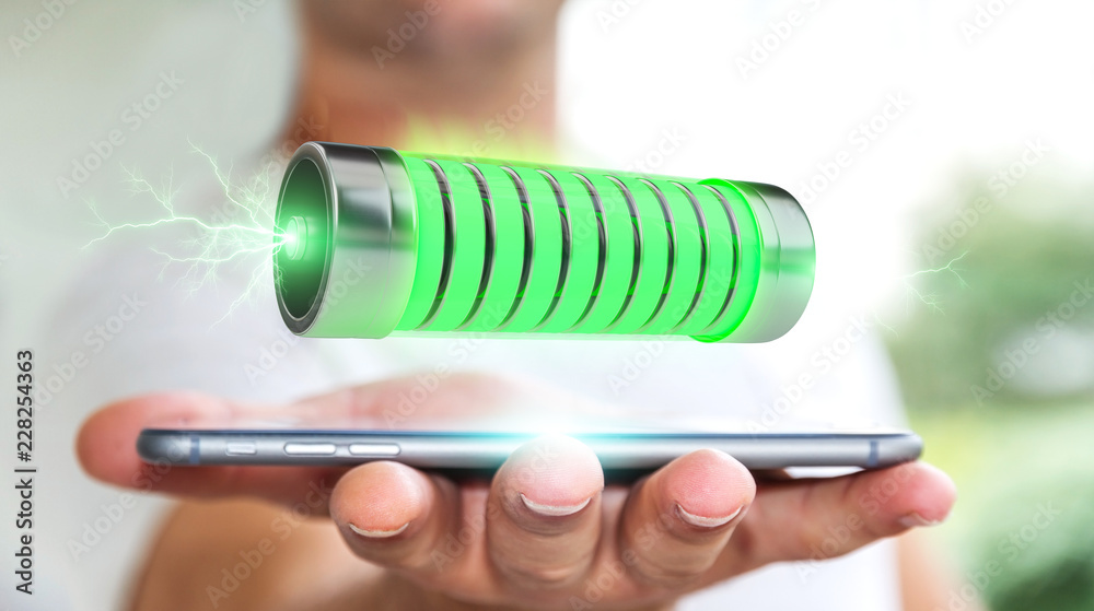 Poster Businessman using green battery with lightnings 3D rendering