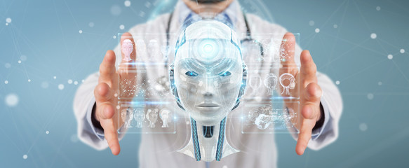 Doctor using digital artificial intelligence interface 3D rendering