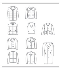 Set of icons of clothing, grey contours of men's jackets, autumn and winter models,isolated on white background.