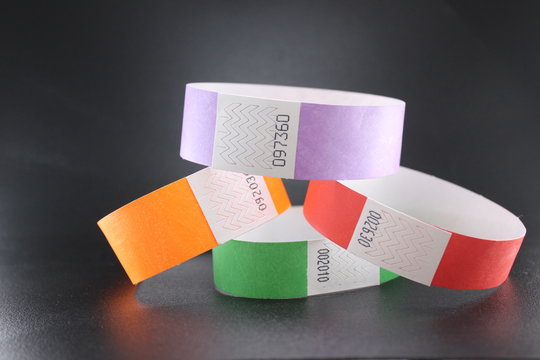 Collection of colorful wristband tyvek for people identification in clubs, festivals and entry exit
