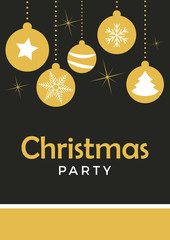 Vector christmas party invitation with balls on christmas tree. Holiday background and design banner in retro style. Vector flat template in black and gold