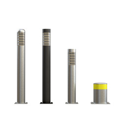 Urban street bollards isolated on white background. Stainless steel with night backlight. City construction architecture. Barrier for sidewalk and road 3D render Illustration
