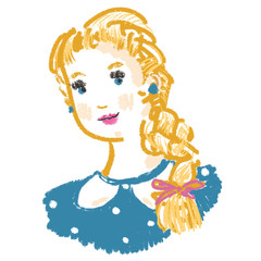 Sketch portrait of pretty blonde girl with golden braid, pink bow, blue dress in polka dot. Stunning female image for design, posters, prints, manufacturing, scrapbook, decor. Smiling beautiful face