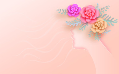 Spring Woman. Beauty Summer girl with colorful paper flowers wreath. Beautiful Lady with floral on her head. 