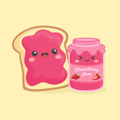 Cute Strawberry Jelly Jam Bottle Jar and Loaf Bread Sandwich Vector Illustration Cartoon Smile