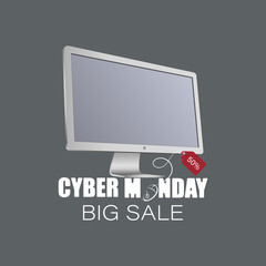 Cyber monday. White monitor, computer mouse with sale label. Big sale. Big discounts on computer equipment. Deal offer. Concept of sales notice, e-commerce, delivery service.