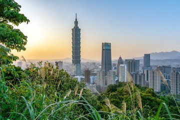 Panoramic view of the Taipei's city center during the sunset.