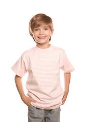 Little boy in t-shirt on white background
