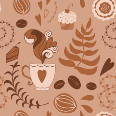 Coffee pattern seamless vector brown with hand drawn doodlw cafe elements