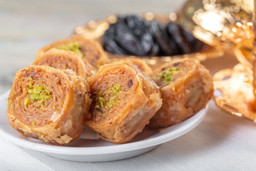 Handmade baklava, traditional turkish pastry close up