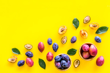 Bright fruitty background. Plum pattern. Red and purple plum and leaves on yellow background top view copy space