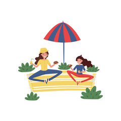 Obraz na płótnie Canvas Happy mother and her daughter having picnic at park. Woman and girl sitting on carpet under umbrella. Flat vector design