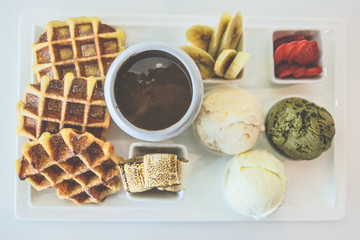 waffle set chocolate fondue banana marshmallow strawberry ice cream