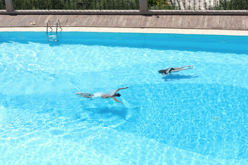 Aerial top view on the men and woman in the swimming pool with transparent blue water. in motion