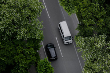 Black car and white van driving along the shady road way with branches of big tree.