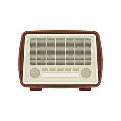 Retro wooden radio with buttons and two settings knobs. Old music player. Vintage device. Flat vector icon