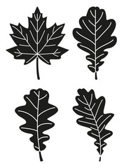 Black and white 4 oak leaf silhouette set