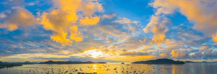 aerial view sunrise above Chalong gulf. Chalong marina is a center for intense boating activity..at...