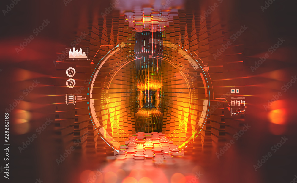 Aufkleber Global processor of the future. Quantum computer and information flows. Concept of big data in a digital society. 3D illustration with HUD element