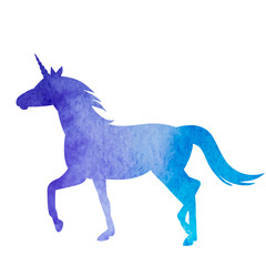 watercolor blue silhouette of a running unicorn