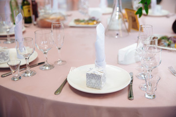 Beautiful decorated wedding restaurant for marriage. Colorful decoration for celebration. Beauty bridal interior. Concept of style of banquet hall
