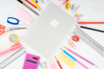 Flat lay top view of many stationery such as pencil eraser notebook scissor  for education of student and college when back to school.