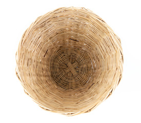 Top view of tradition hand made weave rattan basket on white background for container clothes , bread, or food.