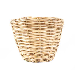 Front view of tradition hand made weave rattan basket on white background for container clothes , bread, or food.