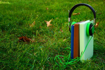 Modern headphones and books on green grass. Concept of audiobook
