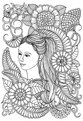 Page for coloring book. Woman and outline flowers. Doodles in black and white