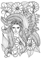 Page for coloring book. Woman and outline flowers. Doodles in black and white