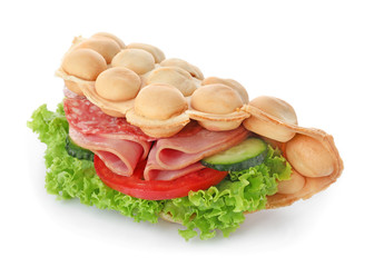Delicious bubble waffle with vegetables and meat on white background