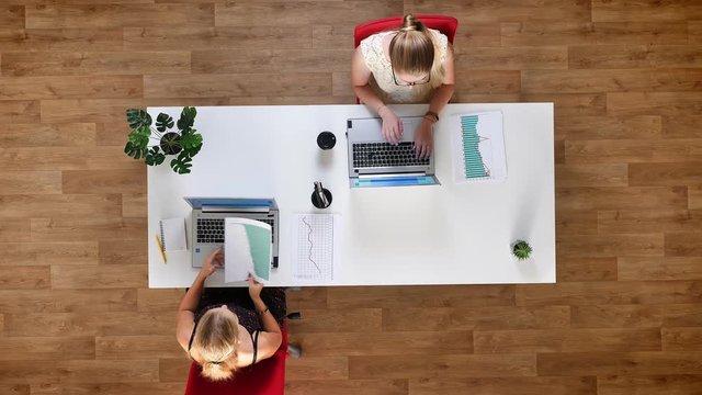 Top shot, two working girls at the table in office concentrated with high attention and focus