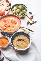 Indian Lunch / Dinner main course food in group includes Paneer Butter Masala, Dal Makhani, Palak Paneer, Roti, Rice etc, Selective focus