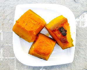 three slices of boilde pumpkin, top view